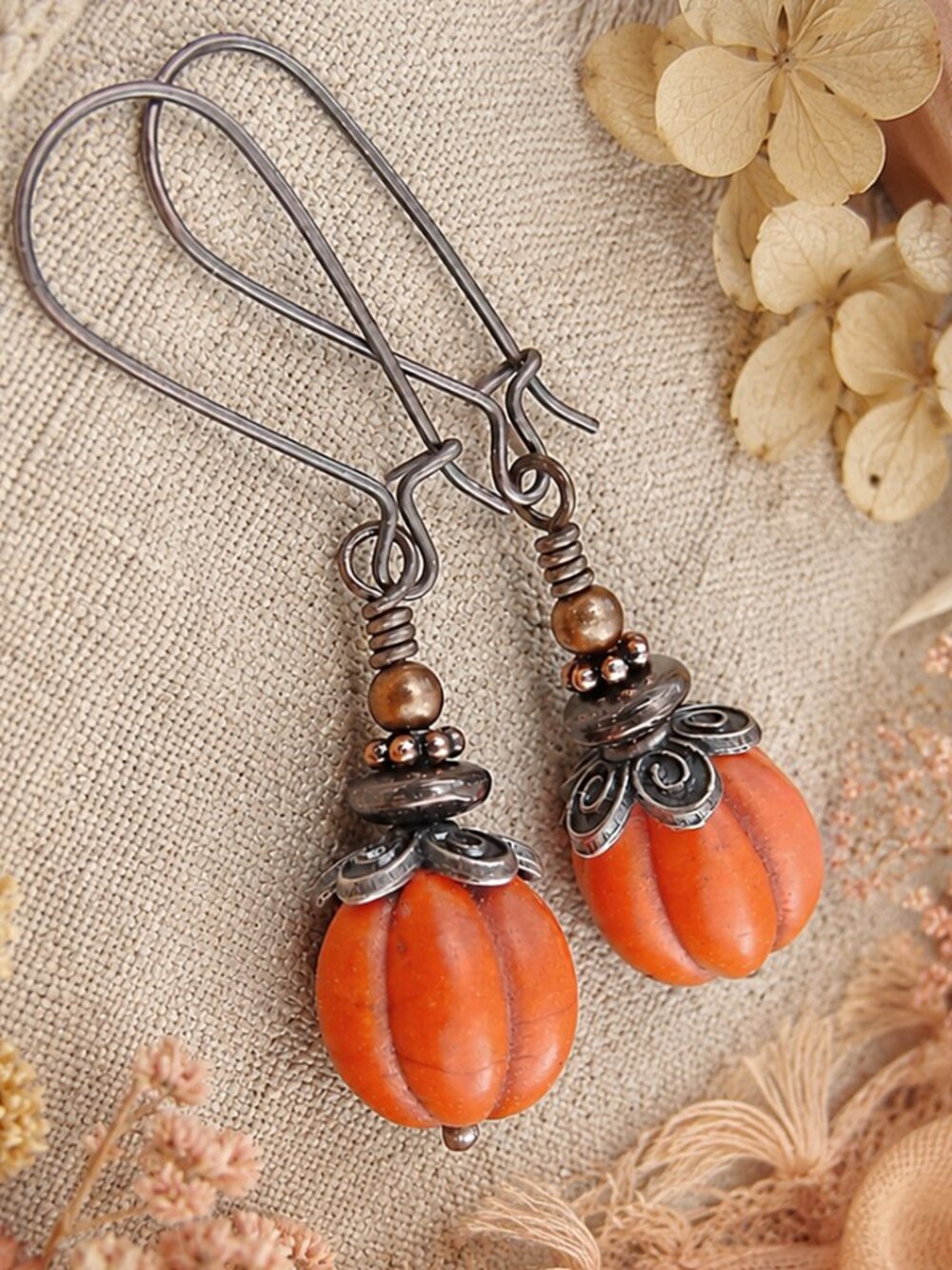 Pumpkin Earrings Fall Autumn Boho Dangle Handmade Copper Orange Stone Earrings